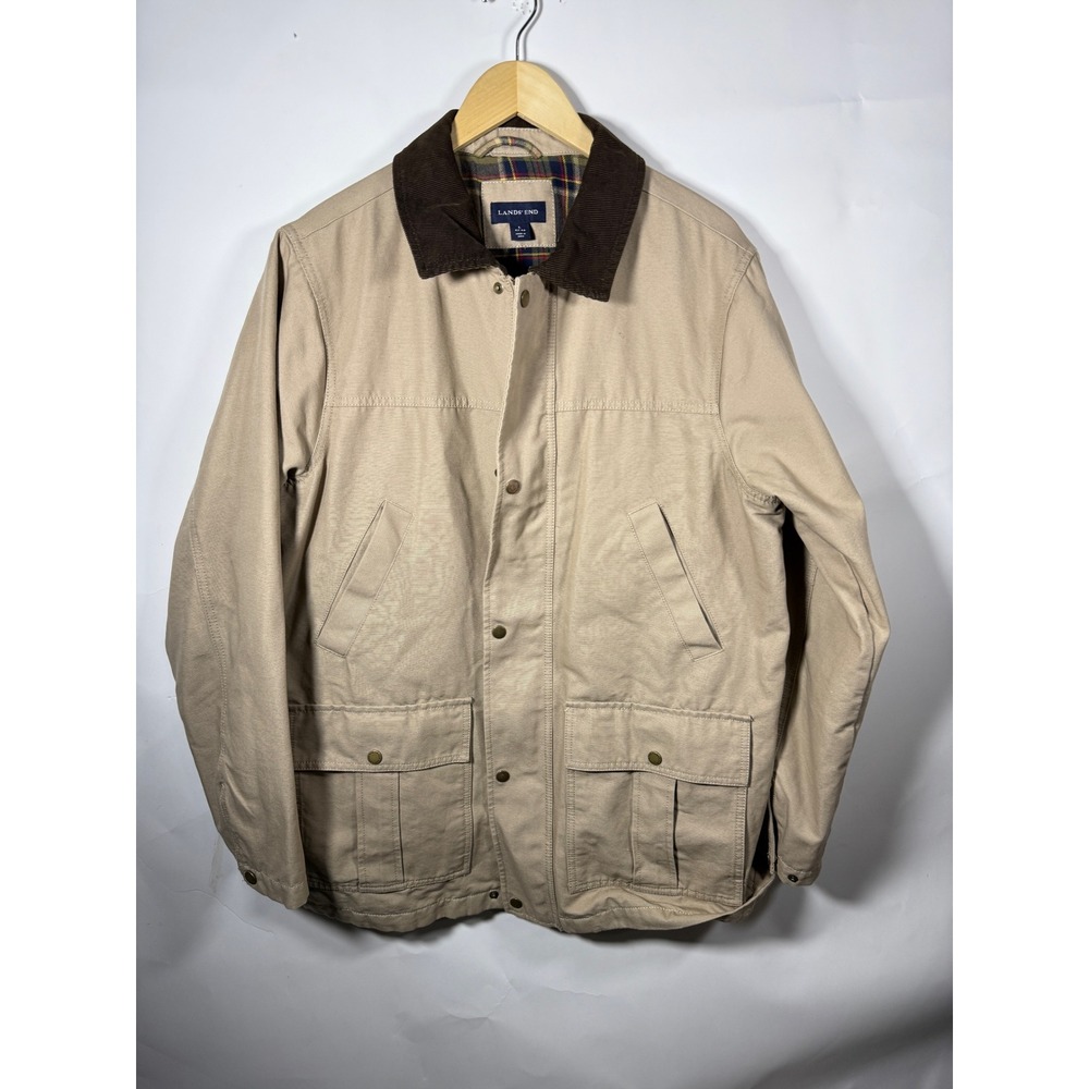Lands End Mens Tan‎ Canvas Barn Coat Corduroy Collar Plaid Lined Size L